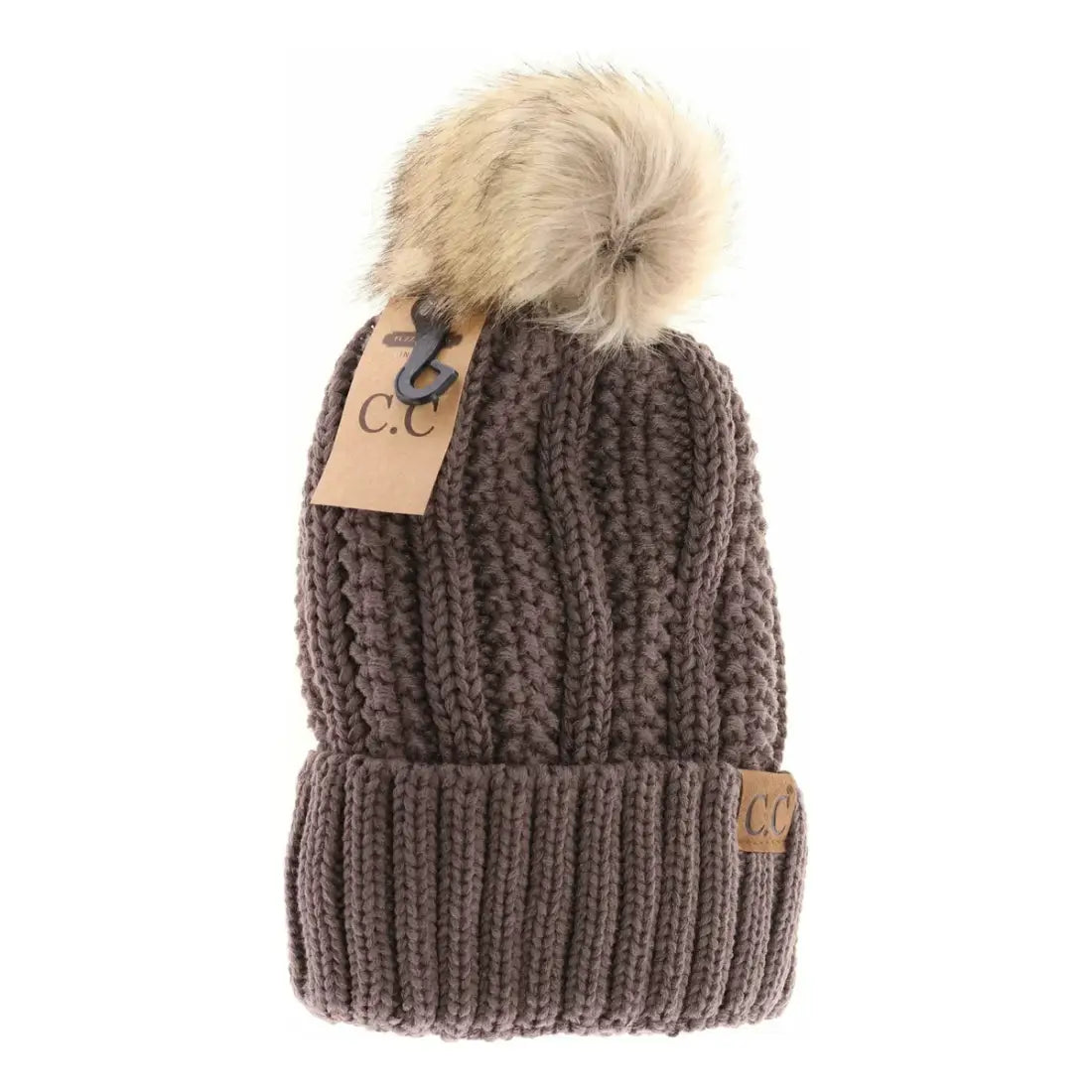 C.C Beanie Fuzzy Lined Fur Pom Beanie Earth Gray Winter Hats