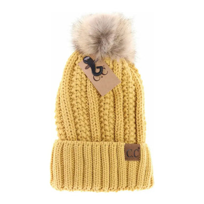 C.C Beanie Fuzzy Lined Fur Pom Beanie Honey Mustard Winter Hats