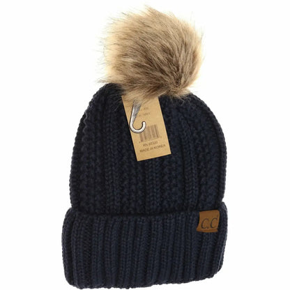 C.C Beanie Fuzzy Lined Fur Pom Beanie Navy Winter Hats