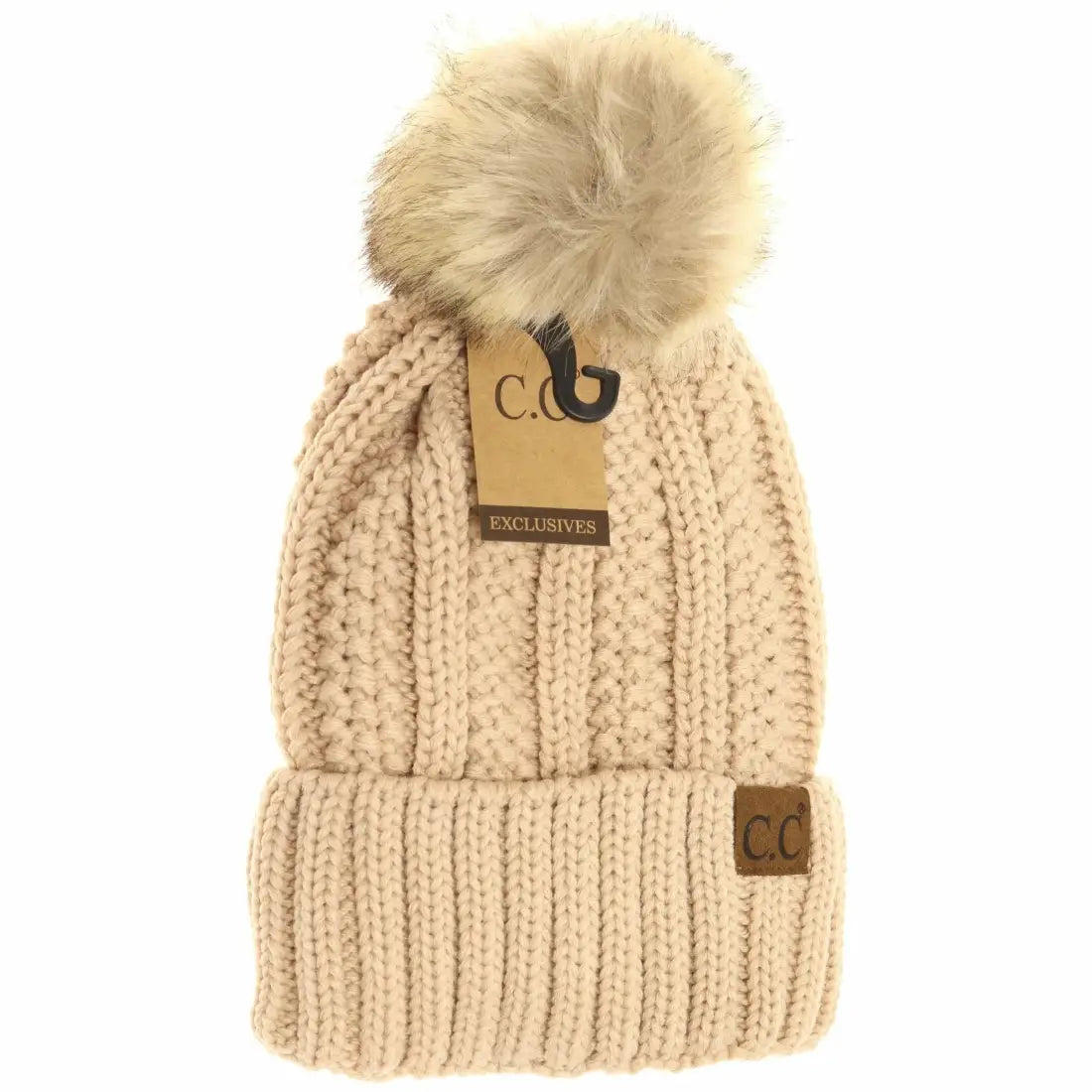 C.C Beanie Fuzzy Lined Fur Pom Beanie New Beige Winter Hats