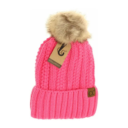 C.C Beanie Fuzzy Lined Fur Pom Beanie New Candy Pink Winter Hats