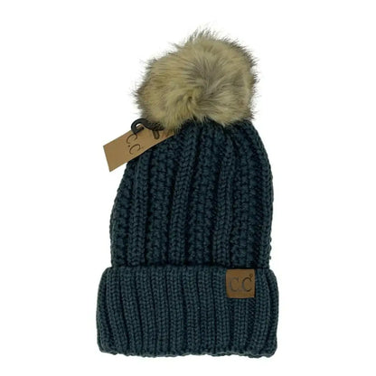 C.C Beanie Fuzzy Lined Fur Pom Beanie Teal Grey Winter Hats