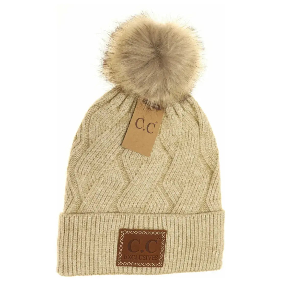 C.C Beanie Geometric Knit Faux Fur Pom Beanie Beige Winter Hats