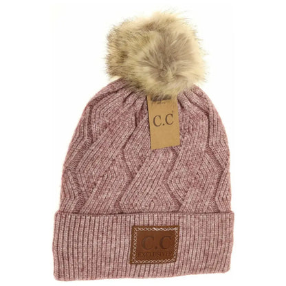 C.C Beanie Geometric Knit Faux Fur Pom Beanie Mauve Winter Hats