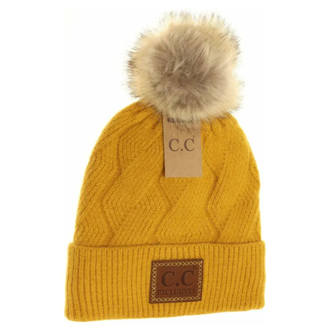 C.C Beanie Geometric Knit Faux Fur Pom Beanie Mustard Winter Hats