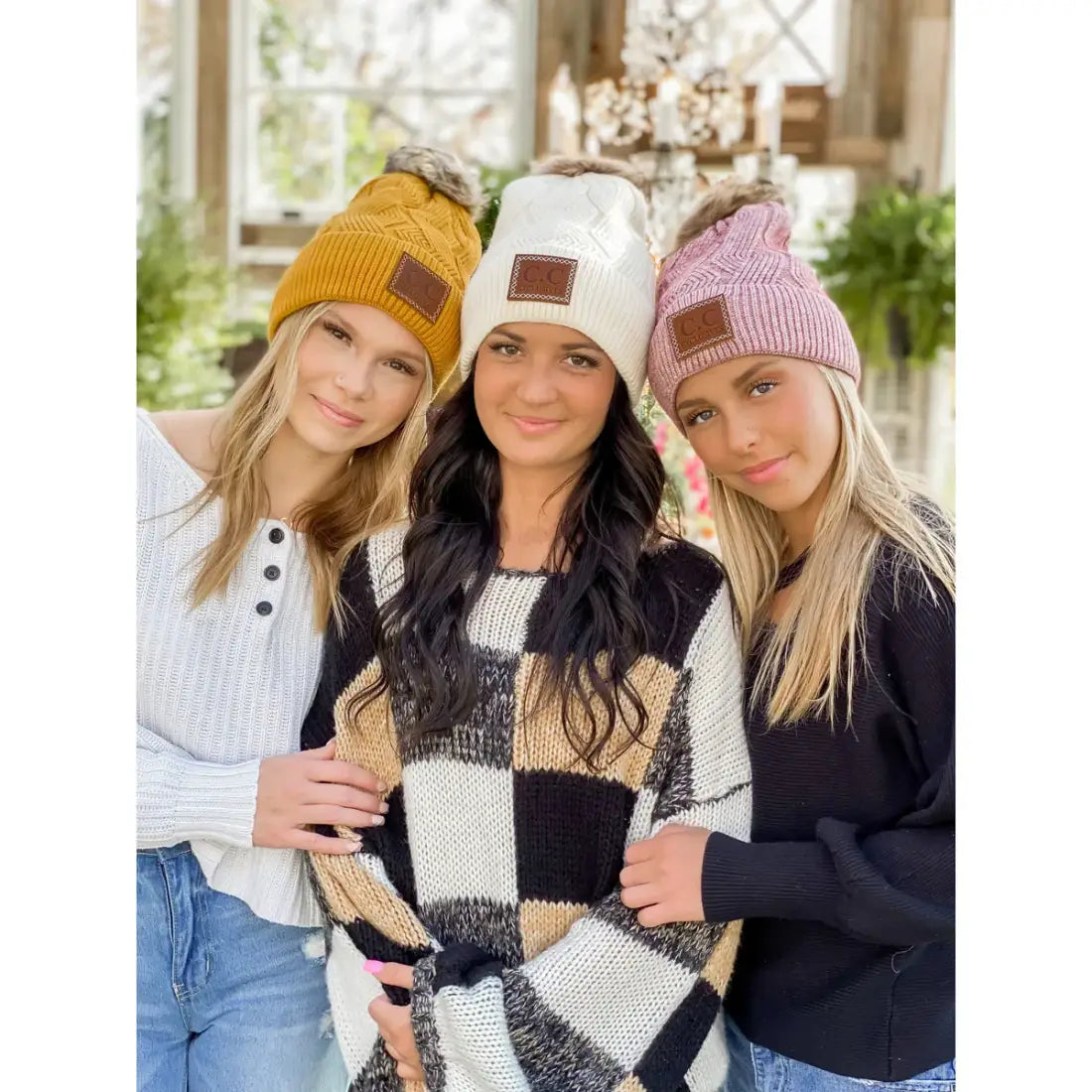 C.C Beanie Geometric Knit Faux Fur Pom Beanie Winter Hats