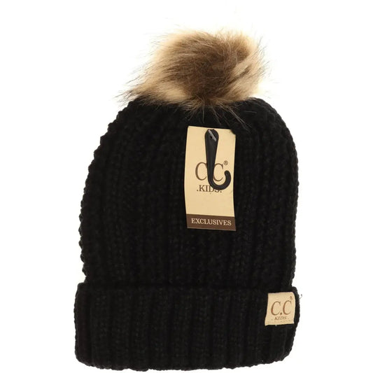 C.C Beanie KIDS Fuzzy Lined Fur Pom Beanie Black Winter Hats