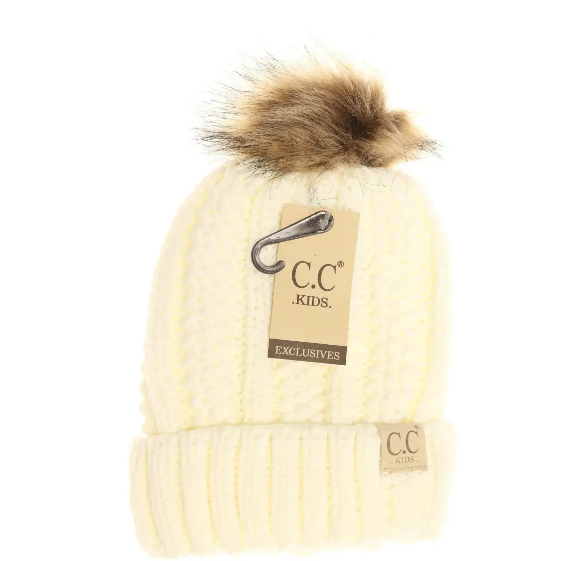 C.C Beanie KIDS Fuzzy Lined Fur Pom Beanie Ivory Winter Hats