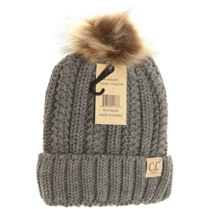 C.C Beanie KIDS Fuzzy Lined Fur Pom Beanie Light Gray Winter Hats