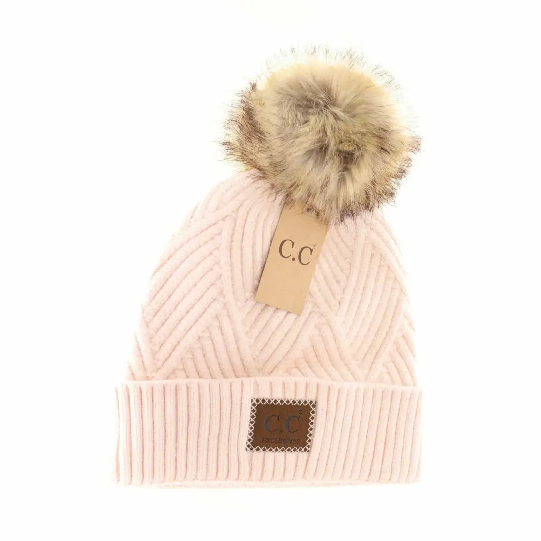 C.C Beanie Large Suede Patch Pom Beanie Lt. Beige Winter Hats