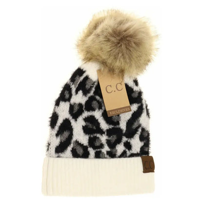 C.C Beanie Leopard Pom Beanie Ivory Winter Hats