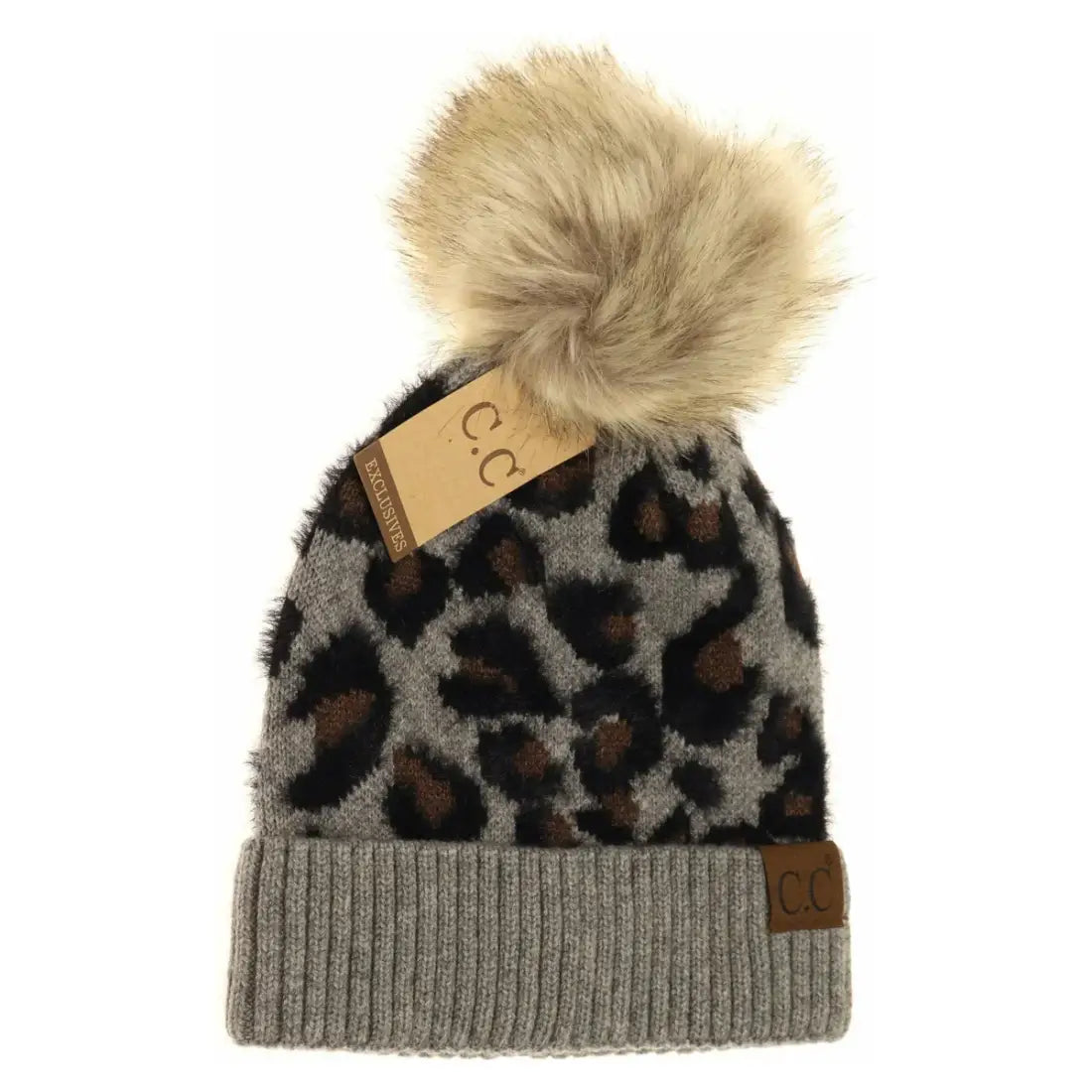 C.C Beanie Leopard Pom Beanie Lt. Gray Winter Hats