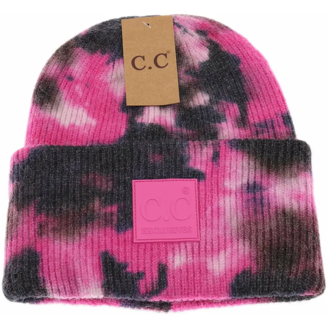 C.C Beanie Tie Dye Rubber Patch Beanie Black/Hot Pink Winter Hats