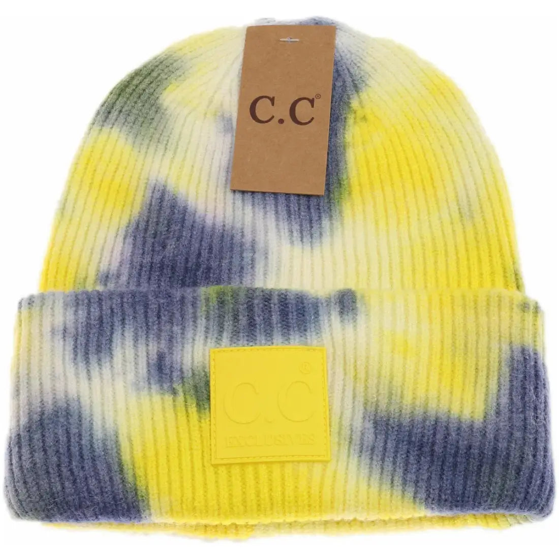 C.C Beanie Tie Dye Rubber Patch Beanie Denim/ Yellow Winter Hats