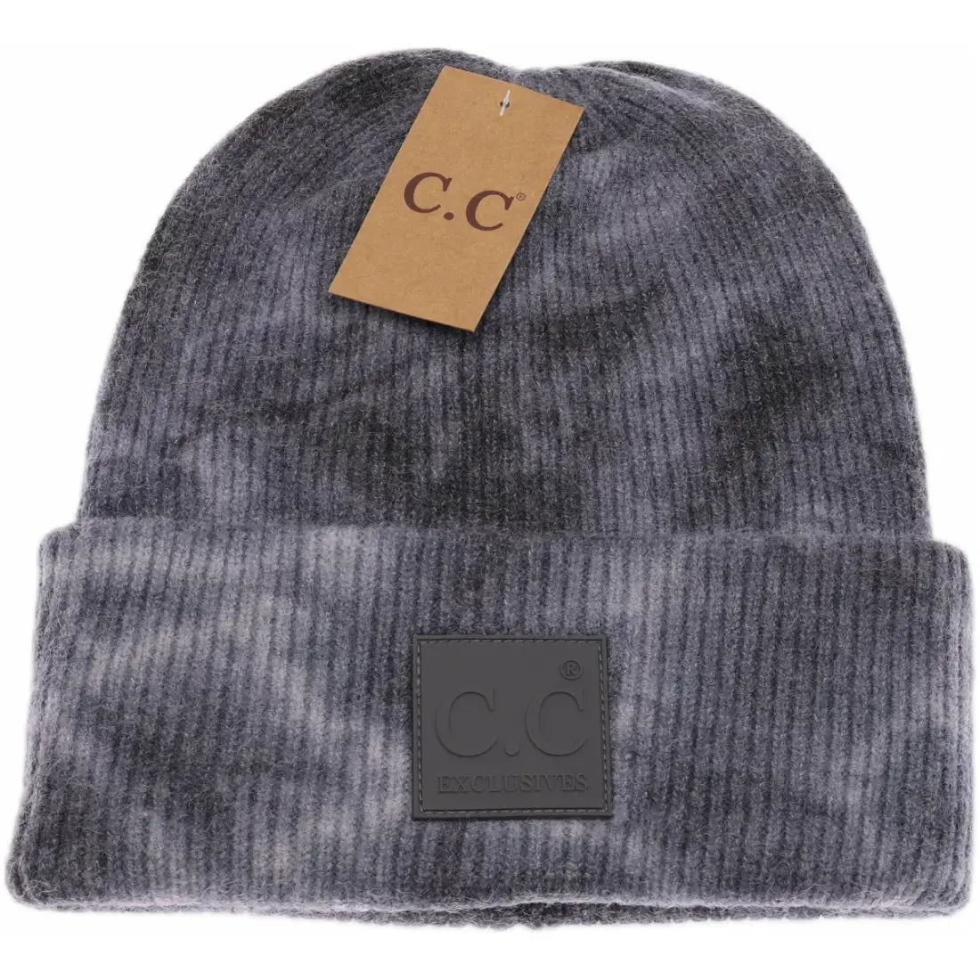 C.C Beanie Tie Dye Rubber Patch Beanie Dk. Grey/ Lt. Grey Winter Hats