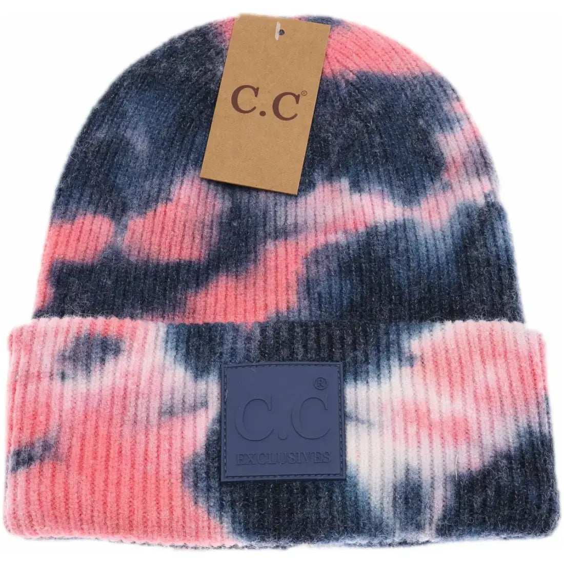 C.C Beanie Tie Dye Rubber Patch Beanie Navy/ Pink Winter Hats