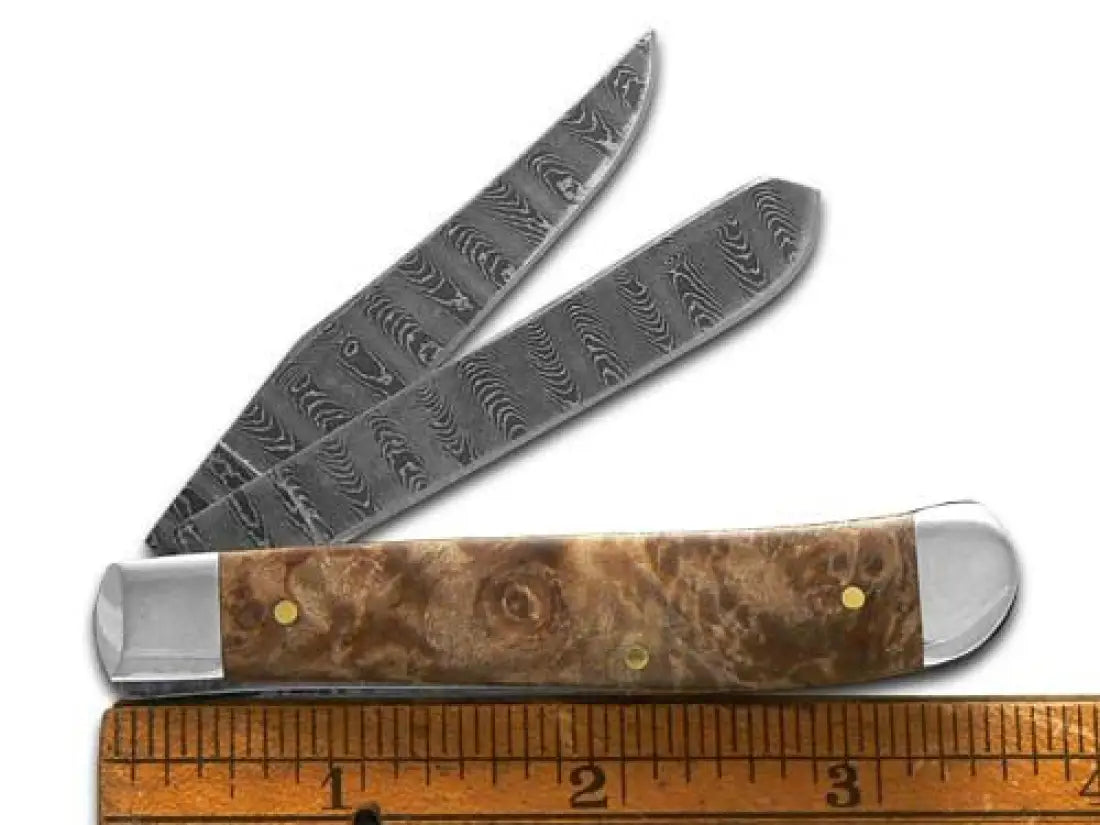Case Natural Maple Burl Wood Ladder Damascus Mini Trapper Knife Knife