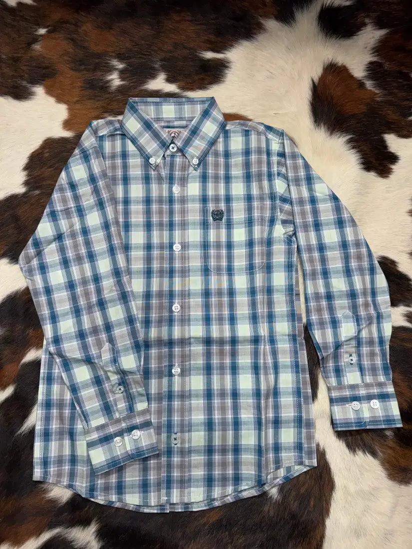 Cinch Boy’s Blue Gray & Light Green Plaid Western Shirt Boy’s Western