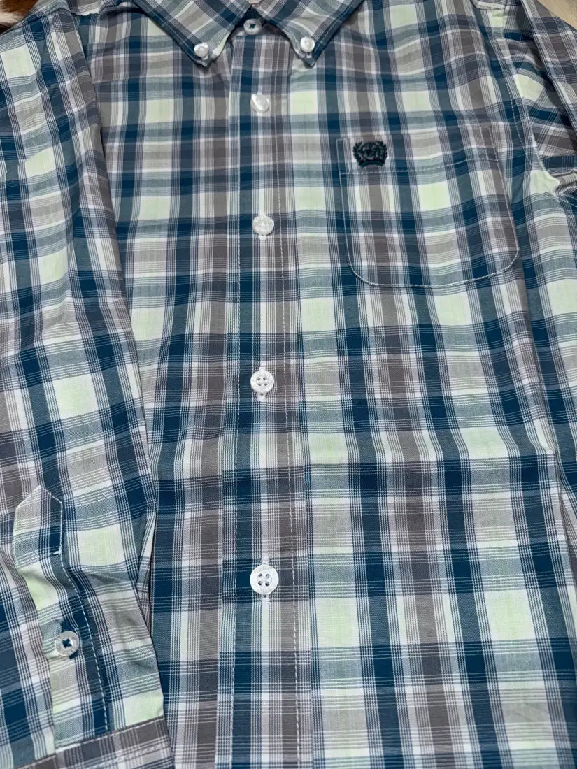 Cinch Boy’s Blue Gray & Light Green Plaid Western Shirt Boy’s Western