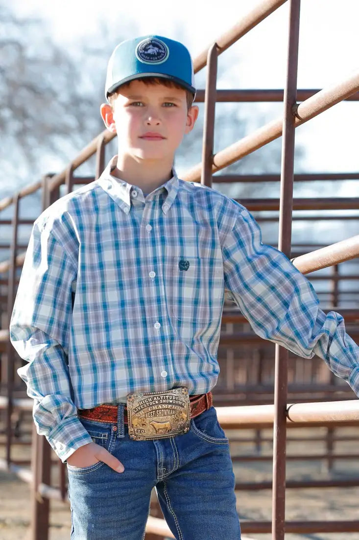 Cinch Boy’s Blue Gray & Light Green Plaid Western Shirt XSmall Boy’s Western