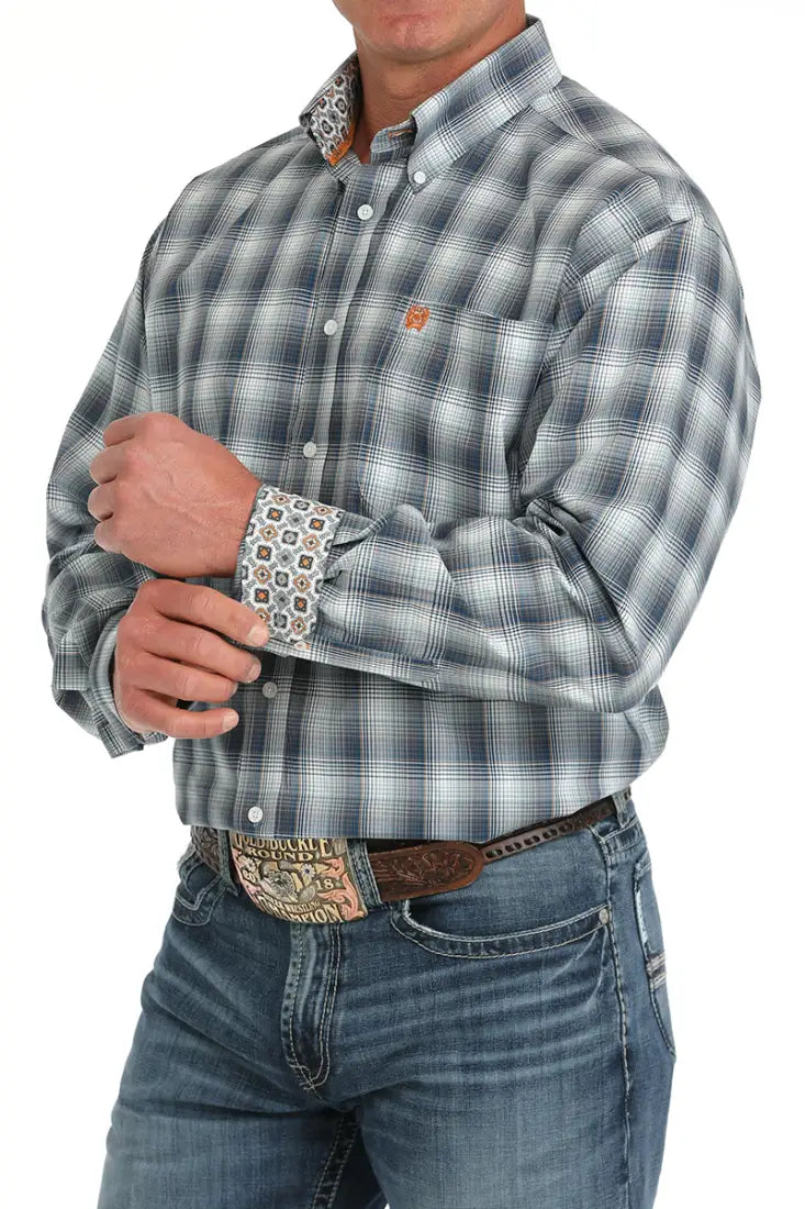 Cinch Men’s Blue/Gray/Copper Plaid Western Shirt Men’s Western