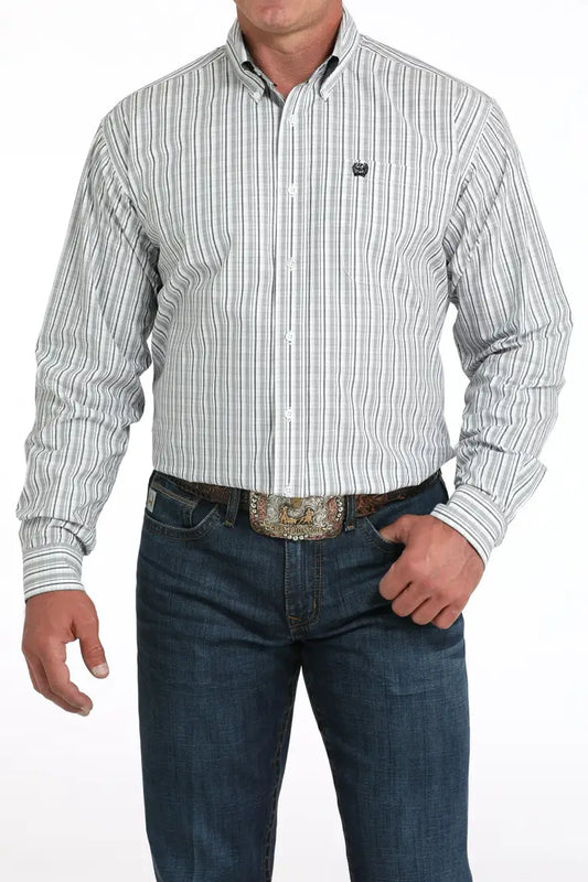 Cinch Men’s Light Grey & White Plaid Western Shirt Men’s Western