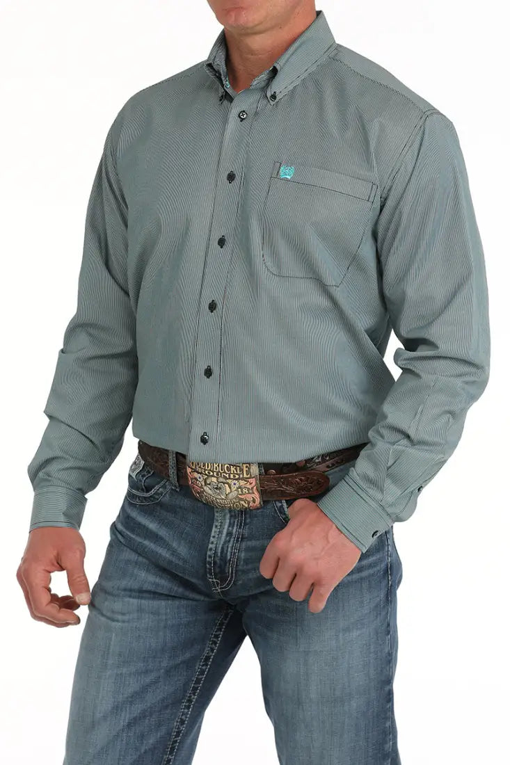 Cinch Men’s Tencel Black & Turquoise MircoStripe Western Shirt Men’s Western