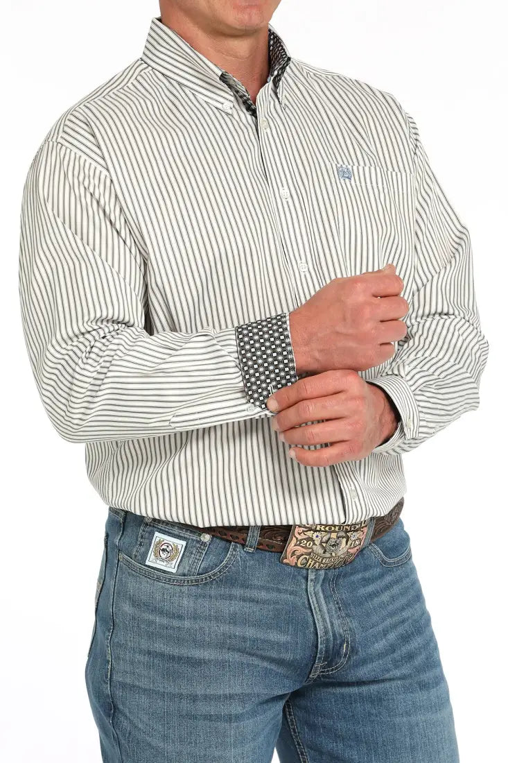 Cinch Men’s Tencel Cream & Blue Pinstripe Western Shirt Small Men’s Western