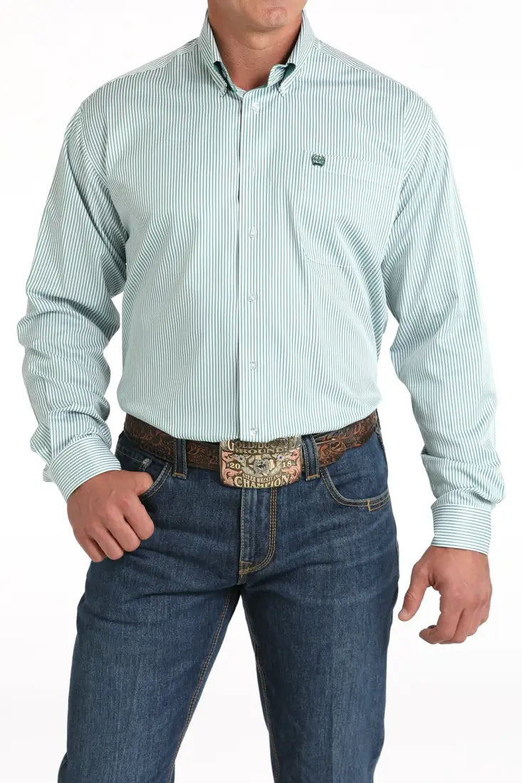 Cinch Men’s Tencel Green Pinstripe Western Shirt Men’s Western