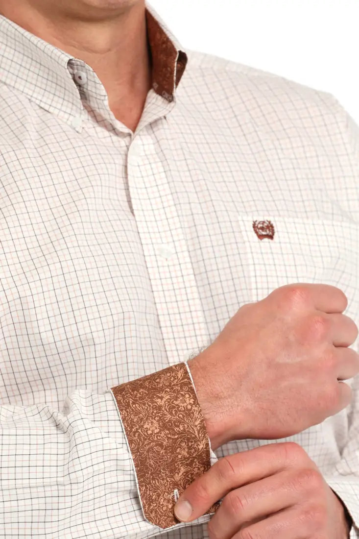 Cinch Men’s White Tan & Brown Square Stripe Western Shirt Men’s Western