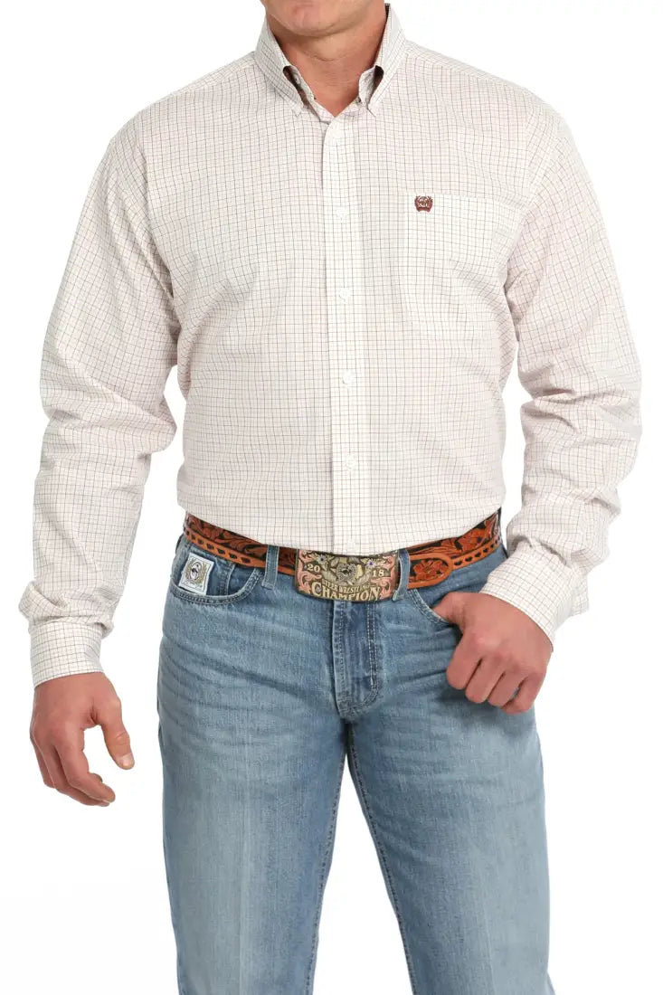 Cinch Men’s White Tan & Brown Square Stripe Western Shirt Men’s Western