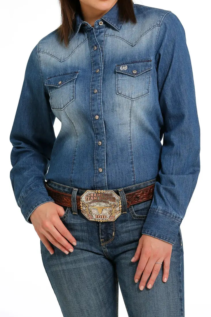 Cinch Women’s Dark Stonewash Denim Western Shirt Women’s Western