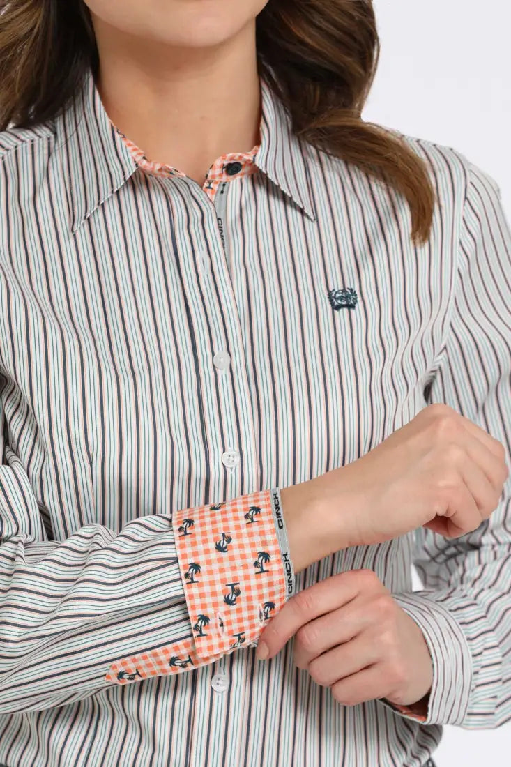 Cinch Women’s Navy & Coral Stripe Tencel Western Shirt XSmall Women’s Western