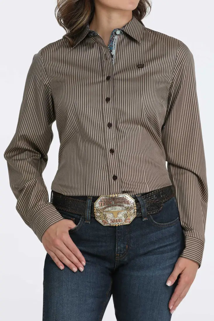 Cinch Women’s Tencel Brown Stripe Paisley Trim Western Shirt Women’s Western