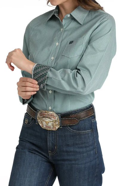 Cinch Women’s Tencel Teal & Black MircoStripe Western Shirt Women’s Western