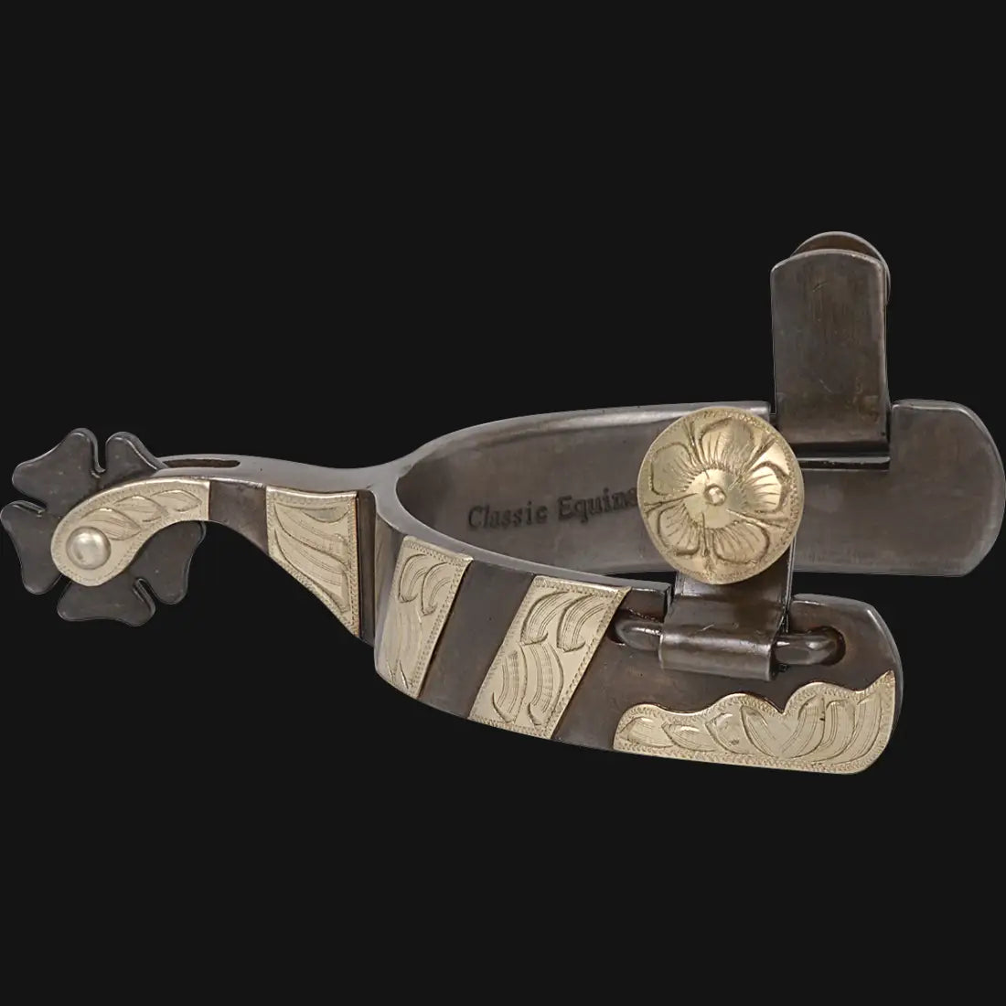 1" band, 2" shank. Weighted to remain in place on your boot heel. Great all around performance spur desined with classic cowboy style.