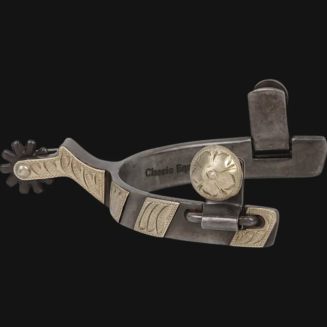 3/4" band, 2" shank. Weighted to remain in place on your boot heel. Great all around performance spur designed with classic cowboy style.