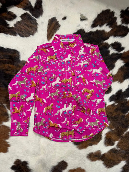 Cowgirl Hardware Girl’s Pink Floral Horse Western Shirt Girl’s Western