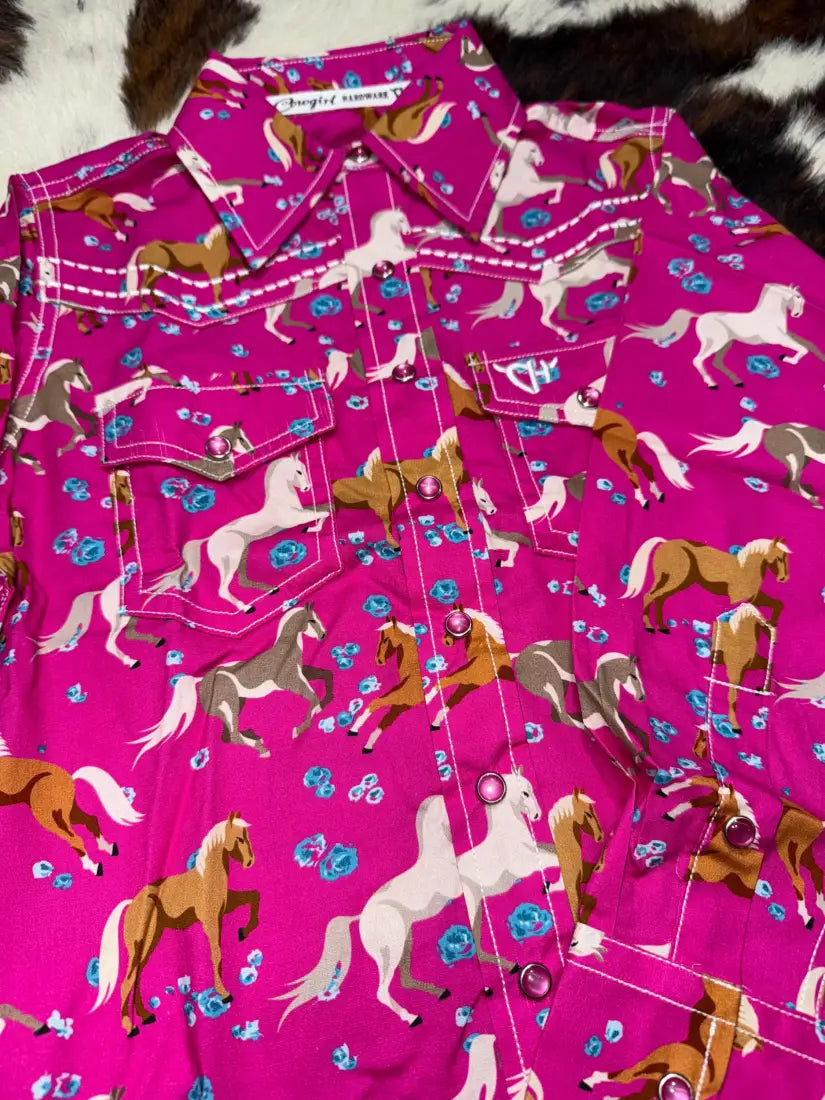 Cowgirl Hardware Girl’s Pink Floral Horse Western Shirt XSmall Girl’s Western