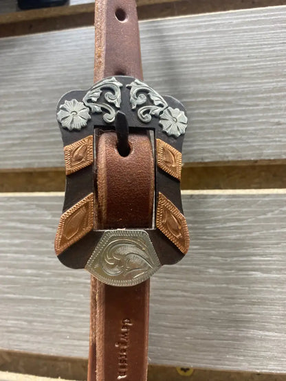 Cowperson Tack Double Stitched One Ear Headstall One Ear Headstall / Copper Silver Scroll Headstall