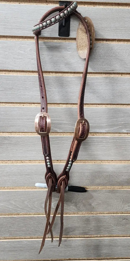 Cowperson Tack Turquoise Patina Dots Tack Set One Ear Headstall / Dark Tack Set