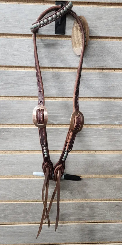 Cowperson Tack Turquoise Patina Dots Tack Set One Ear Headstall / Dark Tack Set