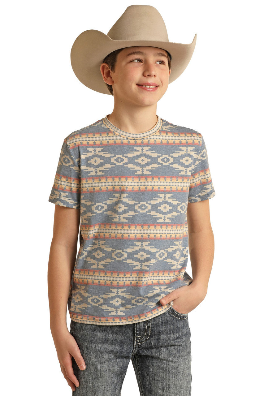 Rock & Roll Boy's Heather Blue Aztec Printed T-Shirt