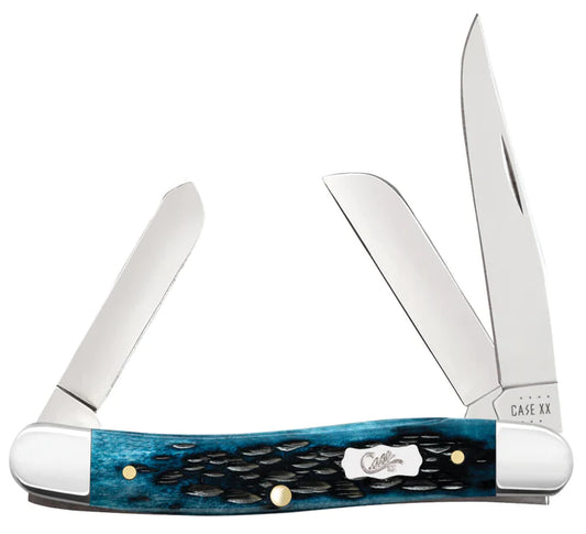 Case Mediterranean Blue Bone Peach Seed Jig Medium Stockman Knife