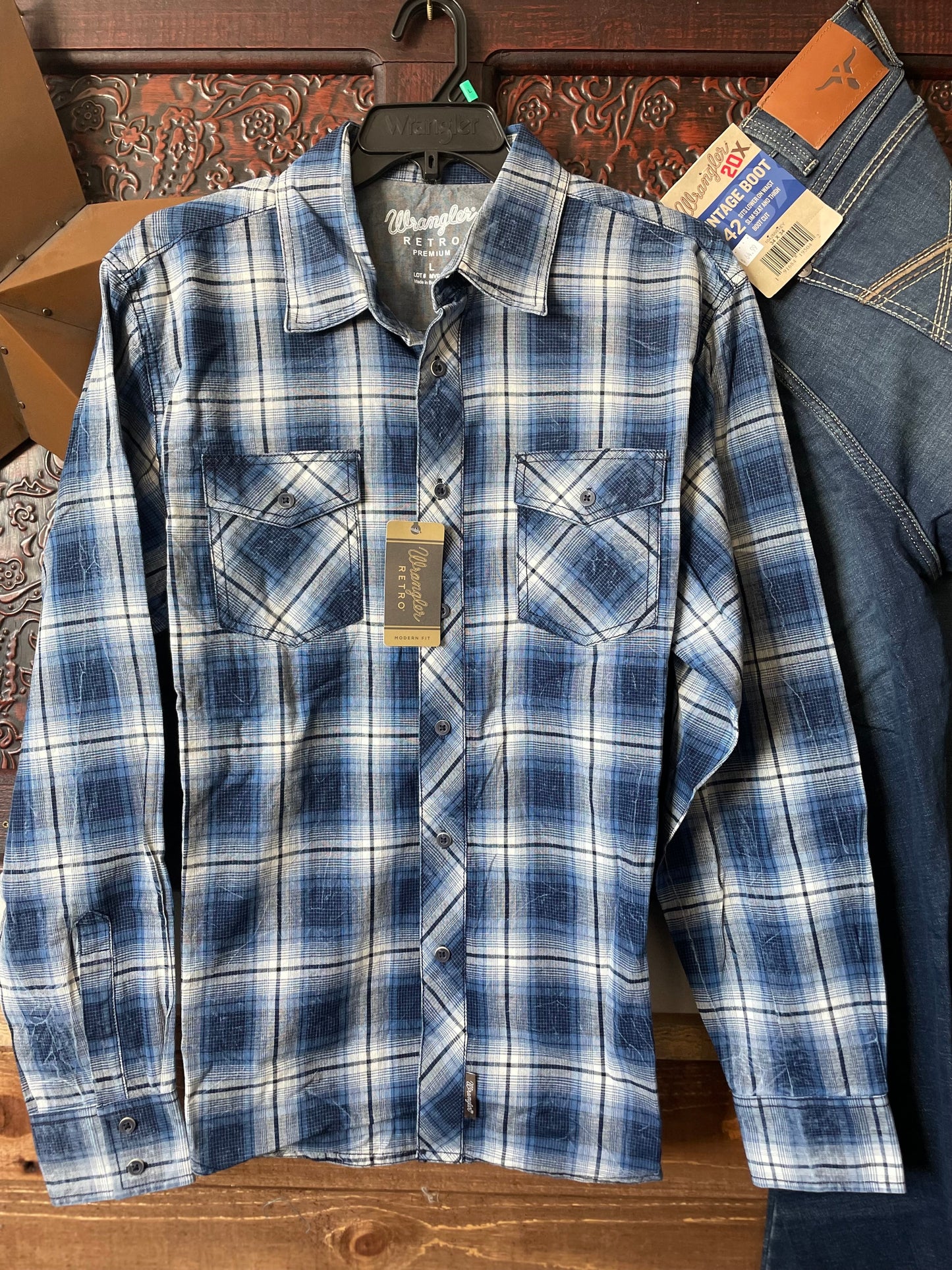 Wrangler Men's Big & Tall Retro Blue Plaid Western Shirt