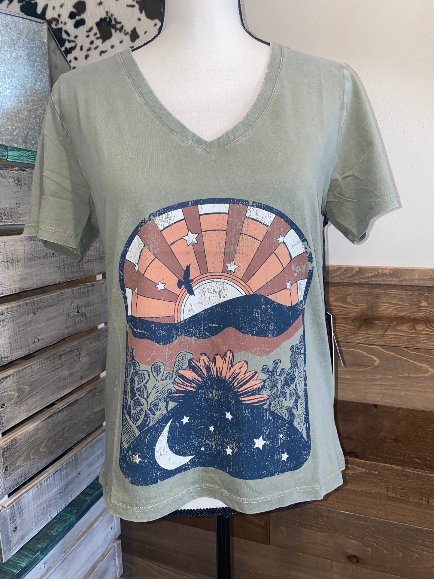 Rock & Roll Women's Setting Sun Sunflower Olive T-Shirt