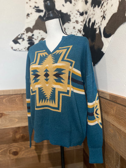 Pendleton Women's Deep Teal/Gold Harding Cotton Knit Sweater