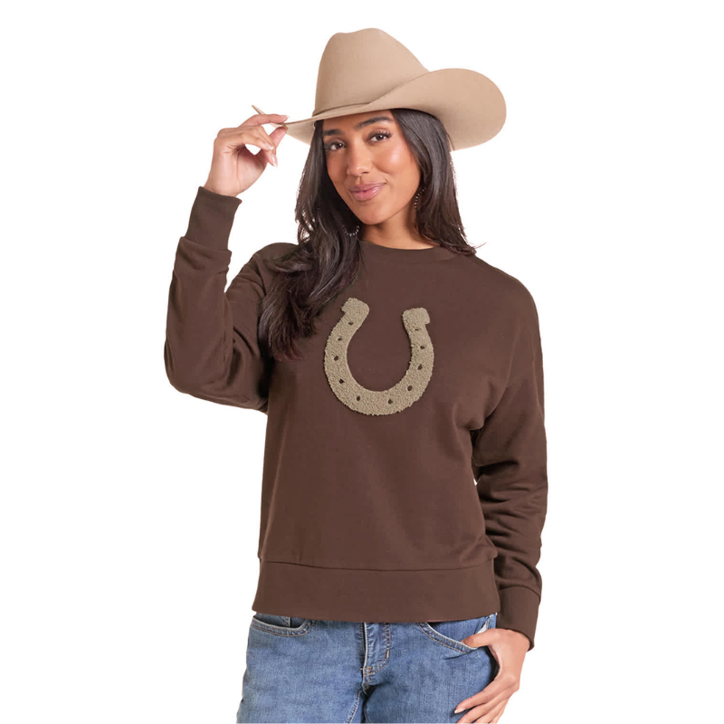 Panhandle Women's Dark Brown Horseshoe Applique Crew Neck Sweater