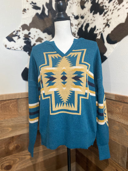 Pendleton Women's Deep Teal/Gold Harding Cotton Knit Sweater