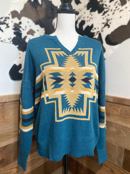 Pendleton Women's Deep Teal/Gold Harding Cotton Knit Sweater